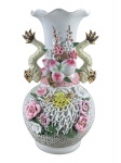 ABAJUR, uma (1) base para abajur confeccionada em porcelana na tonalidade branca no feitio de ânfora, ricamente decorada por elementos florais, vegetalistas e insetos em policromia e relevo, alças laterais representando peixes com realces e filetes em ouro, bojo com flores em vazados e borda em ondulações, apresenta bicados nas flores e leves falhas na douração, medindo 39,5x16cm.