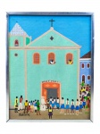 JOAQUIM PEDROSO, "Naif", óleo sobre tela, moldura em alumínio, cartão com exposições oficiais do artísta no verso, medindo 31x24cm e tela 29,5x23cm.