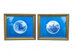 QUADROS, duas (2) gravuras em tons azulados representando cenas de caça com figuras equestres, montados com passe-partout azul e filetes decorativos, protegidos por vidro, molduras em madeira com patinas douradas com detalhes em relevo, medindo 30,5x36cm, pequenas falhas na patina.