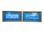QUADROS, duas (2) gravuras em tons azulados representando cenas de caça com figuras equestres, montados com passe-partout azul e filetes decorativos, protegidos por vidro, molduras em madeira com patinas douradas com detalhes em relevo, medindo 26x46cm, pequenas falhas na patina.