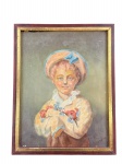 QUADRO, uma (1) reprodução sobre eucatex da obra-prima de Jean-Honoré Fragonard, Um Menino como Pierrot (c. 1780), apresentando falhas na pintura, moldura em madeira com faixa dourada, apresentando leves falhas na patina, medindo 38,5x30,5cm e obra 34x26cm