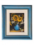 RUTH S. "Girassóis", óleo sobre tela, datado de 1997, moldura em madeira com patina azul, apresenta discreta falha na madeira, medindo 61x53cm e tela 35x27,5cm.