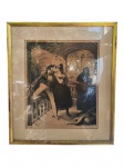 QUADRO, uma (1) gravura em tons sépia, representando cena de costumes com casal em varanda e figura feminina ao fundo, com detalhe de instrumento musical no canto inferior, protegida por vidro e com passe-partout claro, moldura em madeira com patina dourada, medindo 64x52,5cm. Marcas do tempo e falhas na patina.
