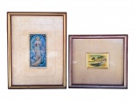 QUADROS, dois (2) quadros decorativos, sendo: A) 1 reprodução La Lune, em estilo Art Nouveau, representando figura feminina com lua crescente sobre fundo azul, com passe-partout claro, protegido por vidro, moldura em madeira com patina dourada, medindo 26x19,5cm e B) 1 com paisagem litorânea colorida, representando casario à beira-mar, árvores e barco, com assinatura no canto inferior direito, montado sobre fundo em tecido, moldura em madeira com patina avermelhada e com falhas, medindo 18x19,5cm.