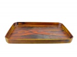 DIVERSOS - uma (1) bandeja retangular em madeira, com bordas elevadas, cantos chanfrados  com veios aparentes e frisos decorativos na superfície , possui ideograma no verso , medidas : 5 x 33 x 55 cm , possui desgastes .