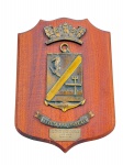 COLECIONISMO, Uma (1) placa comemorativa de parede, confeccionada em madeira , com aplicação em metal dourado/patinado representando brasão da Corbeta ARA Granville, com coroa superior, escudo em relevo, âncora e faixa inferior. Possui placa metálica gravada Al Sr. Cap. de Mar y Guerra Dn. J.C. da Rosa Lusitano  C.G.T. 100.2  Fraterno IX  1987 . Medida : 31 X 22 cm