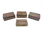 DIVERSOS - Lote composto por quatro (4) latas sendo 3 da Confeitaria Colombo de formatos retangulares e tamanhos variados, com tampas decoradas por estampas florais, faixas geométricas e inscrições antigas, sendo uma delas com fenda superior tipo cofre. Medidas : 4 x 13 x 9 cm / 4 x 10 x 13 cm 4,5 x 10 x 13 cm e 3 x 7 x 11 cm , oxidadas .