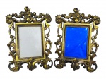 DIVERSOS, par (2) de porta retratos confeccionados em resina com pintura dourada, ricamente decorado por elementos vegetalistas em vazados  e recortes, ambos necessitam restauro na tampa traseira e 1 com quebras na parte superior, medindo 35x25cm.