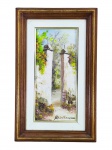 MÁRCIO OLIVEIRA, "Portal", óleo sobre tela, moldura em madeira com filete dourado, apresentando leves falhas, moldura medindo 41x25cm e obra 29x12,5cm.