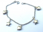 Vintage Luxo Jóias, Pulseira Berloques Corações e Estrelas em Prata de Lei ARB 925, medindo 18cm. Peso total 4,46gr