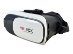 VR BOX (linha comercial de óculos de realidade virtual para smartphones, popularizada como acessório de entretenimento e visualização imersiva em 3D), um (1) óculos de realidade virtual, em material plástico nas cores branco, preto e cinza. Possui lentes internas, abertura frontal deslizante para encaixe de aparelho celular, apoio acolchoado para o rosto e tiras ajustáveis para fixação na cabeça, medindo 11x20x13,5cm.