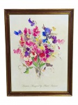 QUADRO, uma (1) reprodução de composição floral colorida, intitulada Summer Bouquet by Hazel Burrow, representando buquê de flores em policromia, moldura em madeira, medindo 89x69cm, apresenta marcas do tempo.