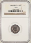 Moeda do Brasil: 100 Réis 1846 - Série Cruzados - Graduada pela NGC AU 53 - Soberba / Flor de Cunho - Prata 