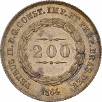 Moeda do Brasil: 200 Réis 1864 - Graduada pela NGC MS 62 - Flor de Cunho - Prata 