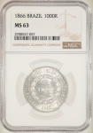Moeda do Brasil: 1000 Réis 1866 - Graduada pela NGC MS 63 - Flor de Cunho - Prata 