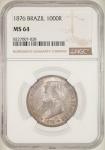 Moeda do Brasil: 1000 Réis 1876 - Graduada pela NGC MS 64 - Flor de Cunho - Prata - 2 Mais alta graduação