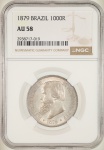 Moeda do Brasil: 1000 Réis 1879 - Graduada pela NGC AU 58 - Soberba / Flor de Cunho - Prata - belo brilho de cunhagem, acredito que nota abaixo do que realmente apresenta