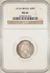 Moeda do Brasil: 500 Réis 1913 - ES - Graduada pela NGC MS 66 - Flor de Cunho Excepcional - Prata 