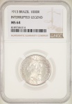 Moeda do Brasil: 1000 Réis 1913 - EL - Graduada pela NGC MS 64 - Flor de Cunho - Prata 