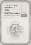 Moeda do Brasil: 2000 Réis 1935 - Duque de Caxias - Graduada pela NGC MS 66 - Flor de Cunho Excepcional - Prata