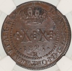 Moeda do Brasil: XX Réis 1821 Rio - CROSS ON CROW - Graduada pela NGC AU 58 BN - Soberba / Flor de Cunho - Cobre