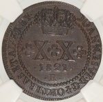 Moeda do Brasil: XX Réis 1821 Rio - CROSS ON CROW - Graduada pela NGC AU 58 BN - Soberba / Flor de Cunho - Cobre