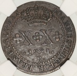 Moeda do Brasil: XX Réis 1821 Rio - CROSS ON CROW - Graduada pela NGC AU 55 BN - Soberba / Flor de Cunho - Cobre