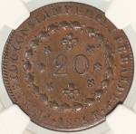 Moeda do Brasil: 20 Réis 1825 Rio - Graduada pela NGC AU 58 BN - Soberba / Flor de Cunho - Cobre 