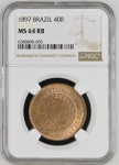 Moeda do Brasil: 40 Réis 1897- Al B821 - Bronze - Graduação NGC MS 64 RB Top Pop! - Flor de Cunho Excepcional  - A mais alta graduação na PCGS e RB (Red Brown) Maravilhosa!