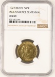 Moeda do Brasil: 500 Réis 1922 - Centenário da Independência - Al V122 - Bronze-Alumínio - Graduação NGC MS 64 - Flor de Cunho