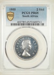 Moeda da Africa do Sul - 2 Shillings - 1955 - Graduação PCGS PR 65 - Prata - Flor de Cunho - PROOF - Ex-Colecao Almer H. Orr