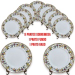 REAL – CONJUNTO, PARTE DE SERVIÇO DE JANTAR, EXECUTADO EM PORCELANA ESMALTADA E VITRIFICADA, ORNADOS COM DECORAÇÃO FLORAL POLICROMADA EM RESERVA NA ABA, INTERCALADA POR PADRONAGEM GEOMÉTRICA EM DOURAÇÃO, COM ACABAMENTO BRILHANTE E FILETAGEM DOURADA, COMPOSTO POR ONZE PEÇAS, SENDO: NOVE PRATOS DE SOBREMESA, MEDINDO 19 CM CADA; PRATO RASO, MEDINDO 24,5 CM E PRATO FUNDO, MEDINDO 23 CM. APRESENTAM MARCAS DO TEMPO, USO, PEQUENOS RISCOS, DESGASTES NA DOURAÇÃO E/OU IMPERFEIÇÕES COMPATÍVEIS COM SUA UTILIZAÇÃO E ESTADO DE CONSERVAÇÃO, PRATO RASO COM BORDA OSTRADA E BICADA, CONFORME FOTOS EXTRAS.