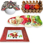 CONJUNTO, PARTE E SERVIÇO DE MESA EXECUTADO EM MATERIAIS, TÉCNICAS, MARCAS, MODELOS, MEDIDAS, FORMATOS, TAMANHOS, UTILIDADES E PROCEDÊNCIAS DIVERSOS, COMPOSTO POR SETE PEÇAS, SENDO: PORTA-GUARDANAPOS, MARCA GIOTTO, EM MATERIAL PLÁSTICO COM PLACA METÁLICA VAZADA E INSCRIÇÃO MERRY CHRISTMAS, ACOMPANHADO DE GUARDANAPOS DE PAPEL DECORADOS, MEDINDO 8,5 X 16 X 8,5 CM; PORTA-VELAS EM MADEIRA EM FORMATO DE CAIXOTE EM RIPAS, MEDINDO 11 X 20 X 10 CM, ACOMPANHADO DE TRÊS VELAS CILÍNDRICAS MEDINDO 5 X 5,5 CM; PETISQUEIRA EM MATERIAL PLÁSTICO, EM FORMATO DE PAPAI NOEL DE LINHAS SINUOSAS, APRESENTANDO TRÊS DIVISÓRIAS, MEDINDO 3,5 X 34 X 23,5 CM; E PRATO DE SERVIÇO QUADRADO EM MELAMINA COM INSCRIÇÃO BOAS FESTAS E ILUSTRAÇÃO NATALINA CENTRAL, MEDINDO 28,5 X 28,5 CM. APRESENTAM MARCAS DO TEMPO, USO, PEQUENOS RISCOS, MANCHAS, PEQUENOS DESGASTES E/OU IMPERFEIÇÕES COMPATÍVEIS COM SUA UTILIZAÇÃO E ESTADO DE CONSERVAÇÃO, CONFORME FOTOS EXTRAS.