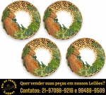 HOME STYLE — CONJUNTO, PARTE DE SERVIÇO DE JANTAR, EXECUTADO EM CERÂMICA ESMALTDA E VITRIFICADA, DECORADOS INTEGRALMENTE COM ESTAMPARIA DE FOLHAGENS TROPICAIS E FIGURA CENTRAL, REPRESNETANDO ONÇA PINTADA, BORDA TRABALHADA EM RELEVO, REPRESENTANDO BAMBU, COMPOSTO POR QUATRO PRATOS SOBREMESAS, MEDINDO 20 CM CADA. APRESENTAM MARCAS DO TEMPO, USO E PEQUENAS IMPERFEIÇÕES SUPERFICIAIS COMPATÍVEIS COM SUA UTILIZAÇÃO E ESTADO DE CONSERVAÇÃO, CONFORME FOTOS EXTRAS. ESCLAREÇA TODAS AS DÚVIDAS ANTES DE EFETUAR SEU LANCE, QUE SERÁ CONSIDERADO IRREVOGÁVEL E IRRETRATÁVEL. CONSULTE PREVIAMENTE OS TERMOS E CONDIÇÕES DISPONÍVEIS NO SITE. CONTATO (21) 98264-3000.
