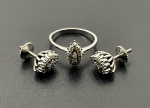 Conjunto em ouro branco 750, chuveiro com diamantes, com anel e brincos, aro 15, pesando 5,67g.