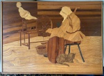 EMILE GALLÉ - NANCY - MESA AUXILIAR ASSINADA ARTICULADA EM MADEIRA NOBRE DESTACANDO-SE PELO TAMPO RETANGULAR COM REFINADO TRABALHO DE  MARCHETARIA RETRATANDO UMA CENA EM AMBIENTE RÚSTICO APRESENTANDO UMA FIGURA FEMININA SENTADA AO LADO DE UMA RODA DE FIAR ACOMPANHADA POR UM ANIMAL DE ESTIMAÇÃO  AO SEUS PÉS, ESTRUTURA EM MADEIRA MACIÇA COM PÉS DE PERFIL CURVO INTERLIGADOS POR UMA TRAVESSA CENTRAL TRABALHADA . O TAMPO É BASCULANTE (TILT TOP) PERMITINDO QUE A PEÇA SEJA EXIBIDA  VERICALMENTE COMO UM QUADRO DECORATIVO QUANDO NÃO ESTIVER EM USO. NECESSITA PRENDER UM SUPORTE QUE SEGURA O TAMPO. MEDIDAS: 72 CM DE ALT. X TAMPO 51 X 70 CM