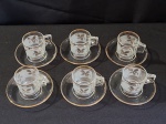 VIDRO ITALIANO - 6 lindas xícaras de café com seus devidos pires em vidro italiano transparente decorados com jato de areia, frisos em ouro e ramos de trigo. como novas.