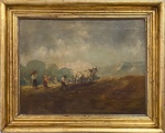 EUROPA SÉC. XIX - Obra em óleo sobre tela, paisagem campestre europeia, "colheita", assinada no canto inferior direito, protegida por moldura de madeira com acabamento em folha de ouro. Possui carimbo da galeria no verso. Meados séc. XIX. Medida da obra 46 x 35cm. Medida total 47 x 58cm.