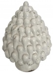 Pinha em cerâmica esmaltada branca, com relevo em alto destaque formando textura orgânica de gotas/pinhas, interior em terracota aparente. Peça de forte apelo escultórico e decorativo, com marcas do tempo no esmalte. Possui desgaste do tempo.  Mede 23cm.