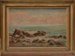 B. BRETZ - Marinha com rochedos, representando ondas quebrando sobre pedras sob céu em tons suaves. Intitulada "litoral fluminense" Óleo sobre tela em rica textura e pincelada expressiva. Assinada no canto inferior direito e verso, datada 1966. Medidas da obra: 73 x 50 cm. Medidas total 70 x 93 cm.