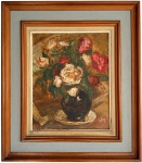 GERMAINE WEILL (1893-1971) - Obra (escola francesa) em óleo sobre cartão rígido representando natureza-morta com arranjo floral em vaso, composição de grande delicadeza cromática e pinceladas soltas de influência impressionista. Assinado no canto inferior direito. Protegida por paspatur e elegante moldura de madeira patinada. Medida da obra 43 x 35 cm. Medida total 55 x 63 cm.