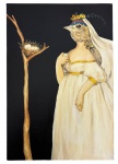 Anasor Ed Searom - Óleo sobre tela representando figura feminina com cabeça de pássaro, em composição surrealista de forte caráter simbólico, sobre fundo escuro. Obra integrante da série Passa-Louca, datada de MMXXV (2025), conforme inscrição no verso. Assinada e intitulada no reverso. Mede 20cm x 30cm.
