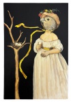 Anasor Ed Searom - Passa-Louca. Óleo sobre tela, representando figura feminina com cabeça de pássaro em composição de caráter surrealista e poético, sobre fundo escuro. Assinada e intitulada no verso, datada MMXXV (2025). Mede 20cm x 30cm.