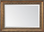 Imponente espelho de cristal belga bisotado para parede, protegido por magnifica moldura de madeira nobre com acabamento em folha de ouro. Mede 75  55 cm. Ideal para ambientes sofisticados.