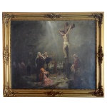 FÉLIX FRANÇOIS GEORGES PHILIBERT ZIEM (1821 - 1911) Atribuído. Crucificação de Cristo.  Óleo s/ tela. Ass. e datado cid, 1840. 50 x 60 cm (MI). 60 x 70 cm (ME). Pintor francês da Escola Barbizon. Citado no Benezit, Art Price, com alta cotação internacional.