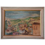 HOLMES NEVES (Lima Duarte, MG, 1925 - MG / 2008) - Ouro Preto. Óleo s/ madeira. Ass. cid. 47 x 66 cm (MI). 61 x 82 cm (ME).Desenhista, gravador e pintor. Sob forte influência de Guignard, dedicou-se a pintar as paisagens das cidades históricas de Minas, suas igrejas, casarios e vegetação. Em 1943, transferiu-se para Belo Horizonte, MG, onde frequentou a Escola de Belas Artes.