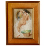 Escola Francesa. Séc. XIX - Nu ("Dame à Sa Toilette"). Belíssima aquarela retratando o nu feminino de uma forma lúdica. Assinado e datado 1886, cid. 43 x 28 cm (MI). 63 x 48 cm (ME). Moldura com friso dourado.