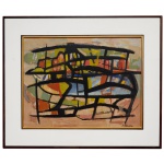 FIRMINO SALDANHA (Santana do Livramento, Rio Grande do Sul, 1906 - Rio de Janeiro, 1985).  Composição. Óleo s/ tela. Ass. cid. 53 x 72 cm (MI).79 x 98 cm (MT). Pintor e arquiteto. Cursou arquitetura na Escola Nacional de Belas Artes - Enba, em 1931, no Rio de Janeiro. Na década de 1940, inicia-se como autodidata em pintura. Em 1957, é escolhido, juntamente com Candido Portinari (1903 - 1962), para concorrer aos prêmios Guggenheim e participar da exposição realizada em Paris. Além disso, integra a comissão encarregada de projetar a Cidade Universitária, no Rio de Janeiro, ao lado de Lúcio Costa (1902 - 1998), Oscar Niemeyer (1907 - 2012), Affonso Eduardo Reidy (1909 - 1964); atua como presidente do Instituto dos Arquitetos do Brasil - IAB; e realiza, dentre outros, o mural do Banco Nacional - Palácio do Planalto, em Brasília. Pintor com Várias Exposições Coletivas.