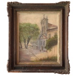Assinatura localizada, porém, não Identificada - Largo da Misericórdia. Óleo s/ madeira. Ass. cie. Titulado cid. 58 x 51 cm.