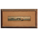 ÉMILE ROUÈDE (Avignon, França, 1848  Santos, São Paulo, 1908) -Pintor viajante , Marinha, Litoral de Santos. Óleo s/ madeira. Ass. cid. A pintura retrata um barco na areia com montanhas ao fundo, característico de suas paisagens litorâneas brasileiras. Moldura de madeira com passpartout, No verso apresenta etiqueta do Museu Nacional de Belas Artes. Pintor, litógrafo, caricaturista, escritor, fotógrafo, compositor, cantor e professor. Chega ao Brasil em 1880 e fixa residência no Rio de Janeiro.